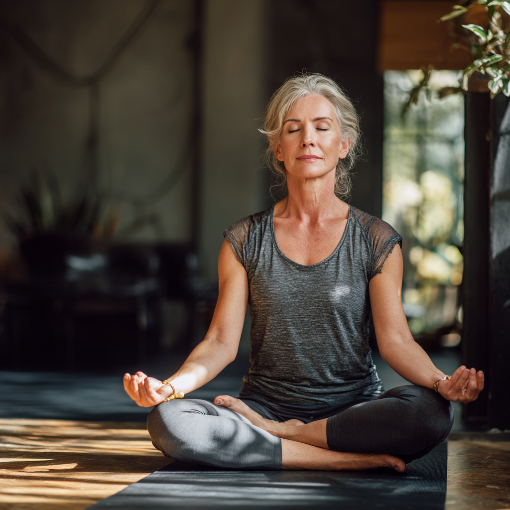 Mature woman practicing gentle yoga poses in peaceful studio environment